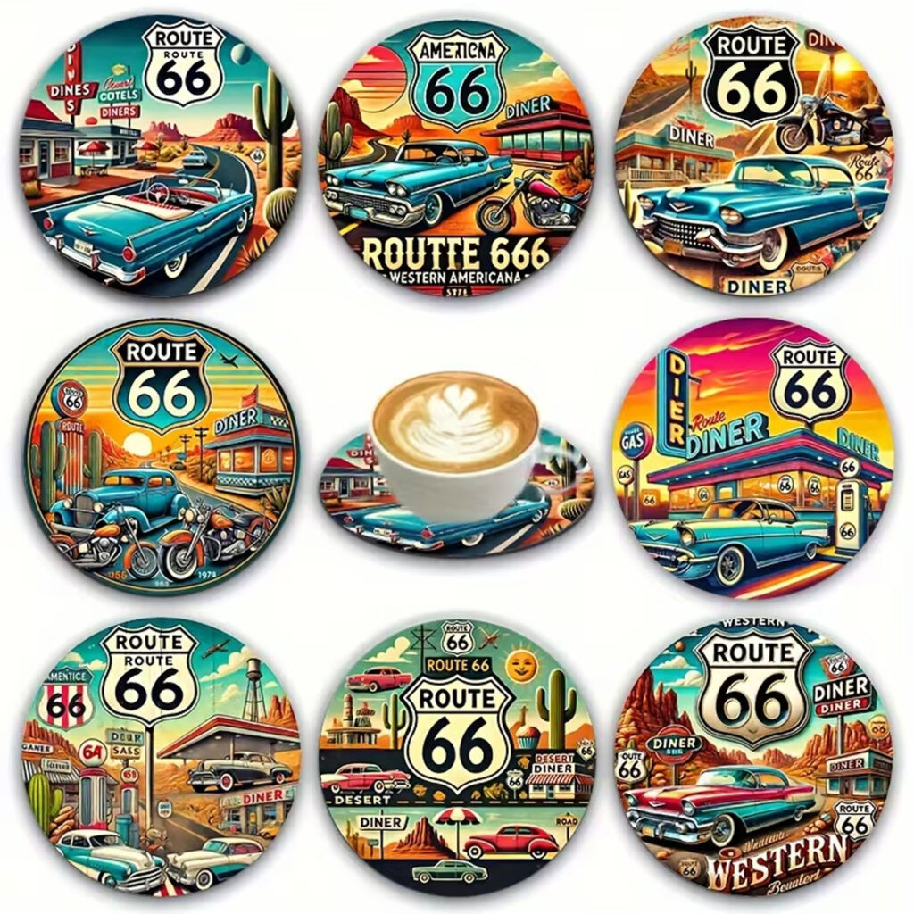 Retro Holzuntersetzer *Route 66 Cars* 8 Stck