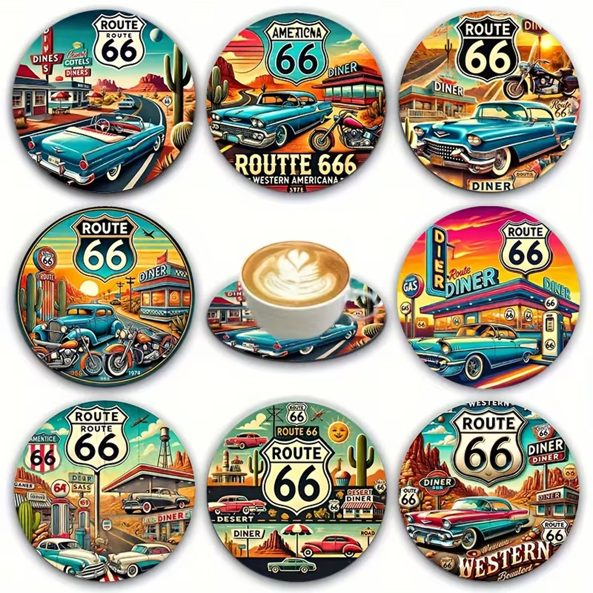 Retro Holzuntersetzer *Route 66 Cars* 8 Stck Retro Holzuntersetzer *Route 66 Cars* 8 Stck