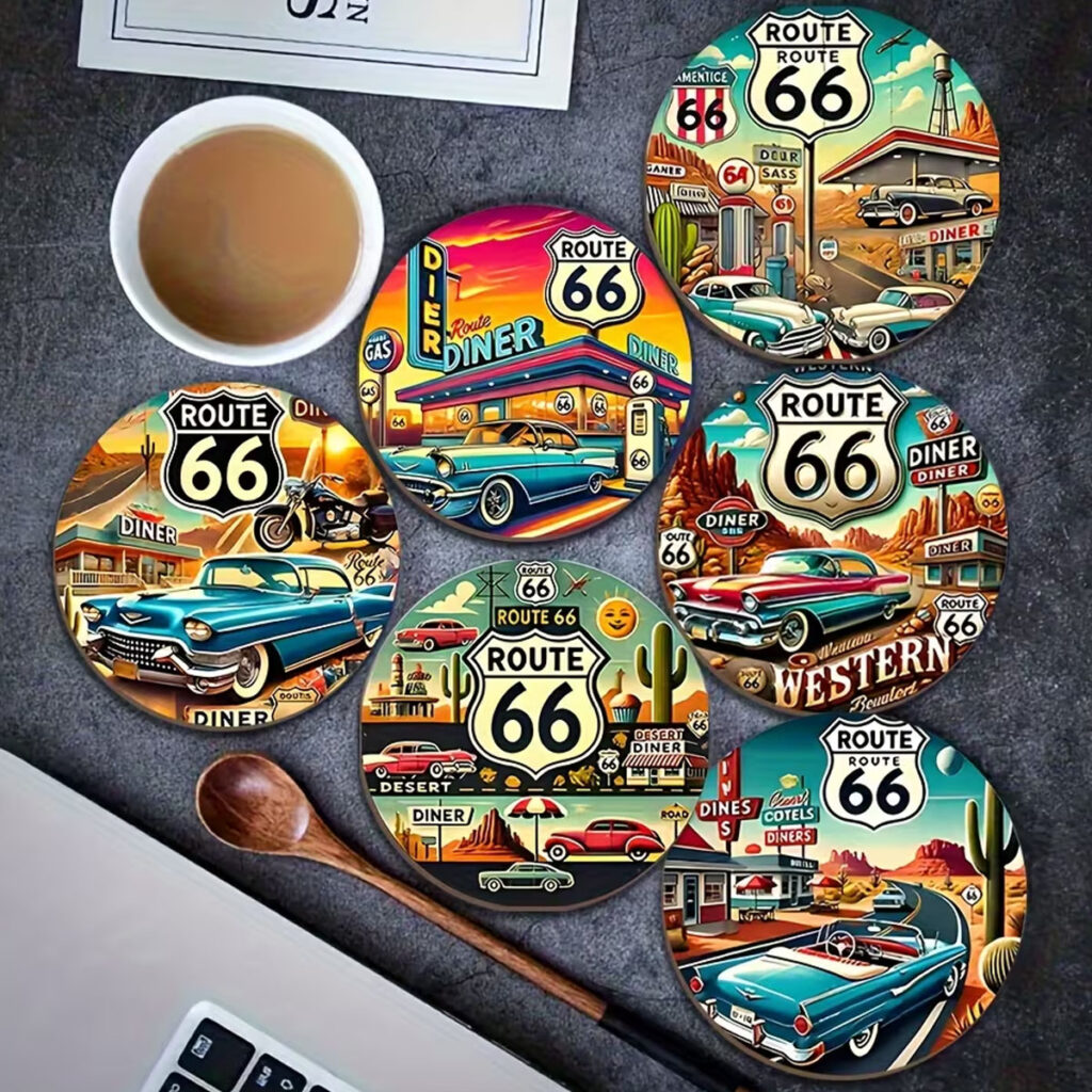 Retro Holzuntersetzer *Route 66 Cars* 8 Stck 1