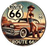 Retro Vintage Schild *Route 66* mit Cowgirl